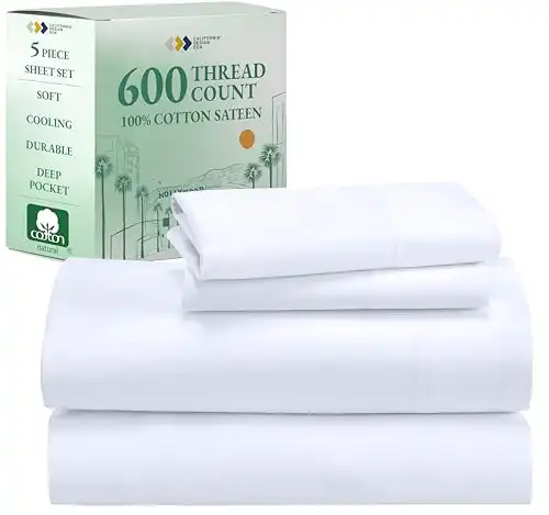 California Design Den Split King Sheet Set - 100% Cotton, 600 Thread Count, Breathable Luxury King Size Sheets for Adjustable Bed, Luxury Soft Hotel-Quality Sheets with Sateen Weave - Bright White