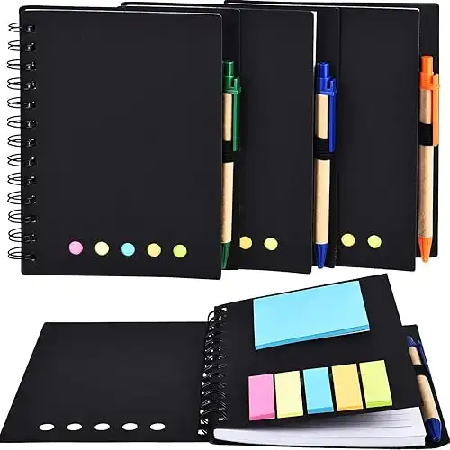 4 Packs Lined Spiral Notebook Kraft Paper Cover Notepad with Pen In Holder, Sticky Notes and Page Marker Colored Index Tabs, Steno Pocket Business Notebook(Black, Large)