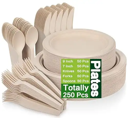 250 Piece Compostable Paper Plates Set with Extra Long Utensils, Sugarcane Fibers Disposable Dinnerware Set, Eco Friendly Biodegradable Plates, Spoons, Forks and Knives for Party, Camping, Picnic