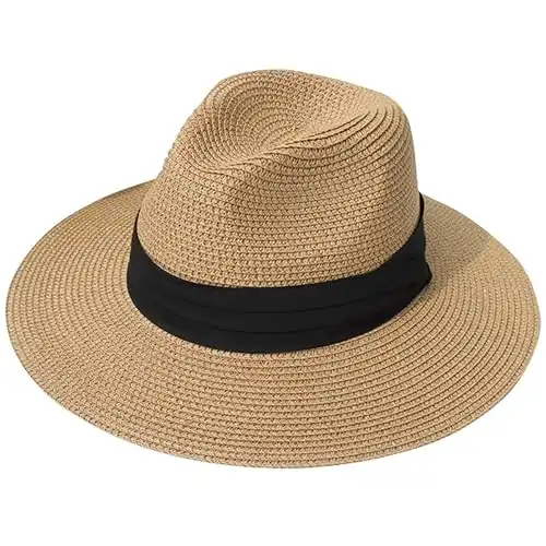 Lanzom Women Wide Brim Straw Panama Roll up Hat Belt Buckle Fedora Beach Sun Hat UPF50+