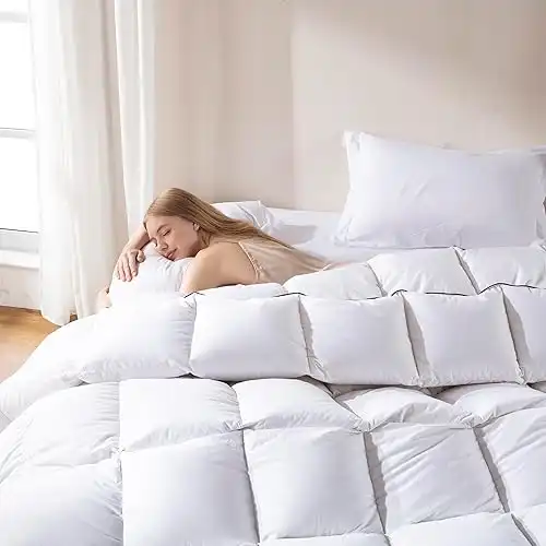 DOWNCOOL Feather Comforter Oversized King Size, Ultra Soft Fluffy Duvet Insert with 100% Cotton Cover, All Season Luxurious Hotel Bedding Comforters with Corner Tabs, White 116