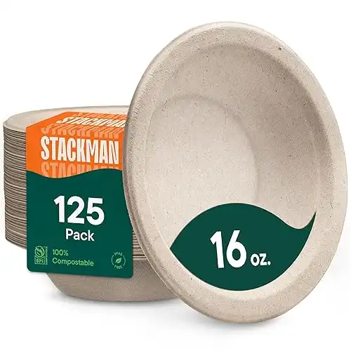 Paper Bowls, 100% Compostable Disposable Soup Bowl [125-Pack] - {PFAS-Free} - {BPI Certified} - [16 oz] Heavy Duty, Eco-Friendly, Biodegradable Bagasse Hot Food Plates and Bowls - Natural Brown